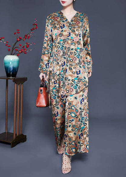 French Khaki Print Tie Waist Asymmetrical Design Silk Two-piece Set Summer