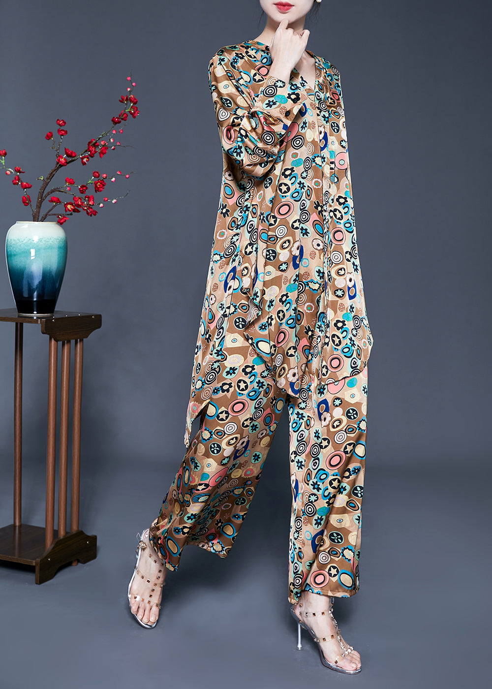 French Khaki Print Tie Waist Asymmetrical Design Silk Two-piece Set Summer