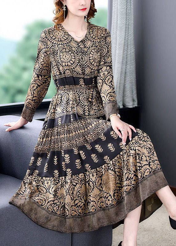 French Khaki V Neck Print Exra Large Hem Silk Dress Spring