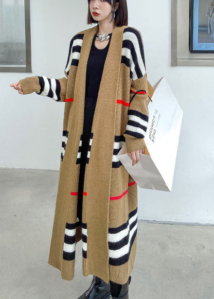French Khaki Retro Striped Loose Fall Knit Sweater Coat