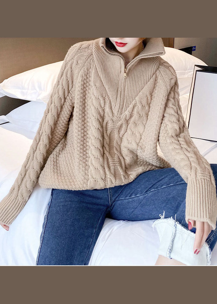 French Khaki Warm Patchwork Knit Pullover Spring