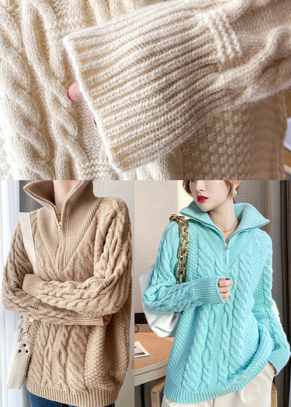 French Khaki Warm Patchwork Knit Pullover Spring