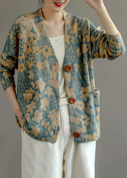 French Light Blue V Neck Print Mink Hair Knitted Cardigan Spring