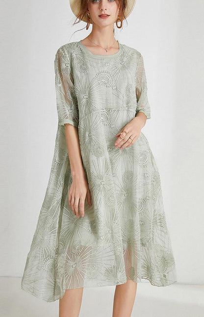 French Light Green Embroidery Chiffon Short Sleeve Summer Maxi Dresses
