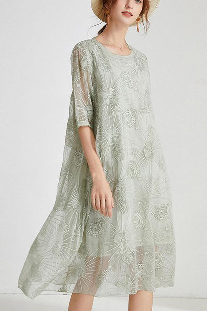 French Light Green Embroidery Chiffon Short Sleeve Summer Maxi Dresses