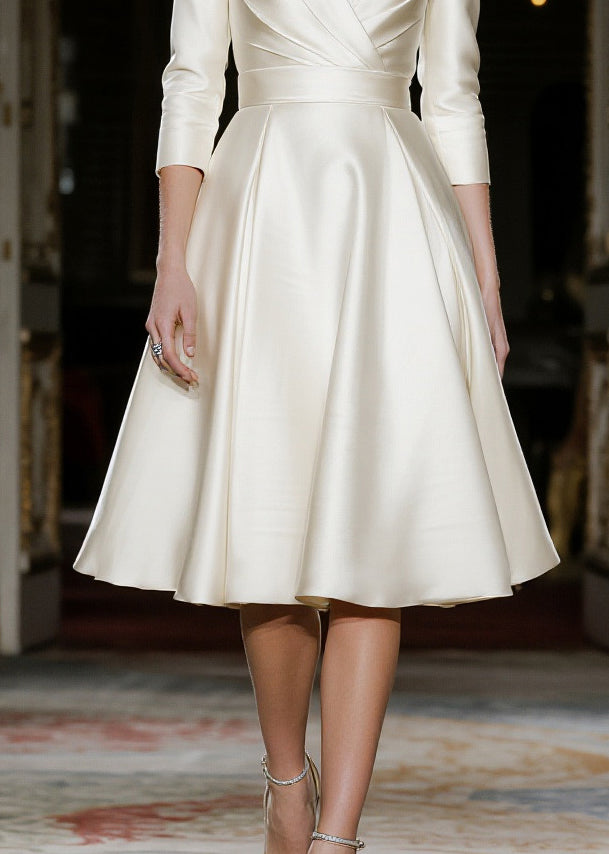 French Milk White V Neck Exra Large Hem Silk Work Dress Summer