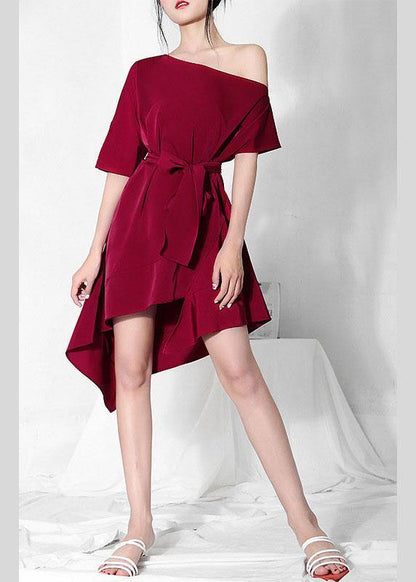 French Mulberry One Shoulder Asymmetrical Design Tie Waist Dresses Summer