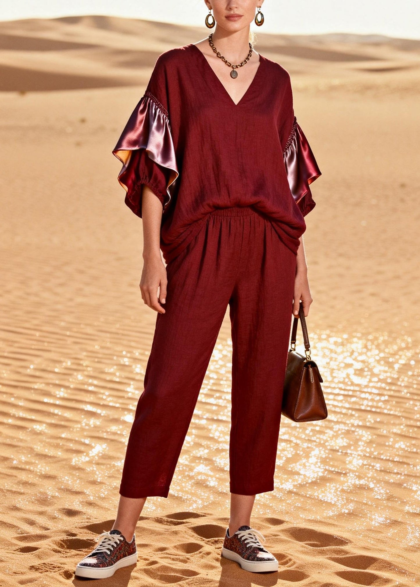 French Mulberry Oversized Patchwork Cotton Two Piece Suit Set Butterfly Sleeve