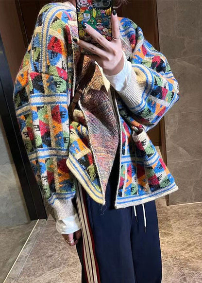 French Multicolor O-neck Print Cotton Knit Coat Fall