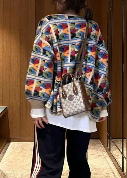 French Multicolor O-neck Print Cotton Knit Coat Fall