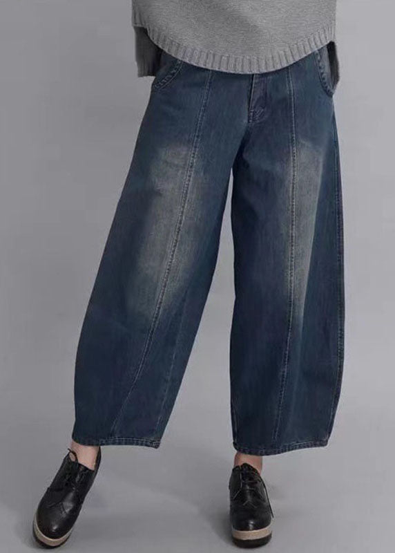 French Navy Button Pockets Lantern Fall Denim Pants