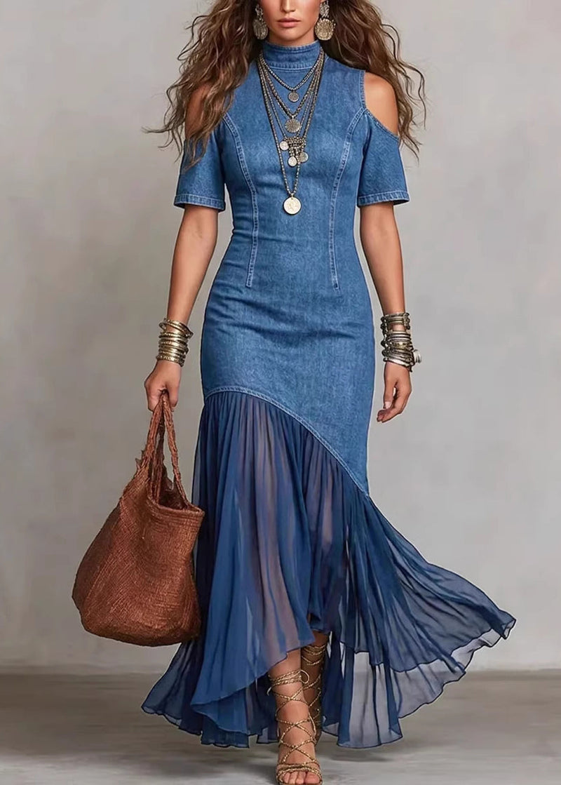 French Navy Cold Shoulder Patchwork Tulle Denim Dress Half Sleeve