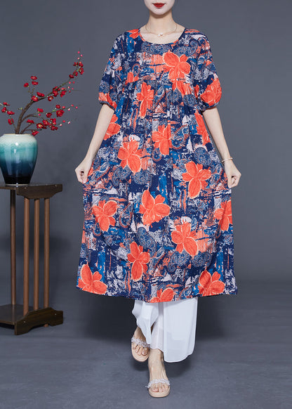 French Navy O-neck Print Silk Maxi Dress Summer