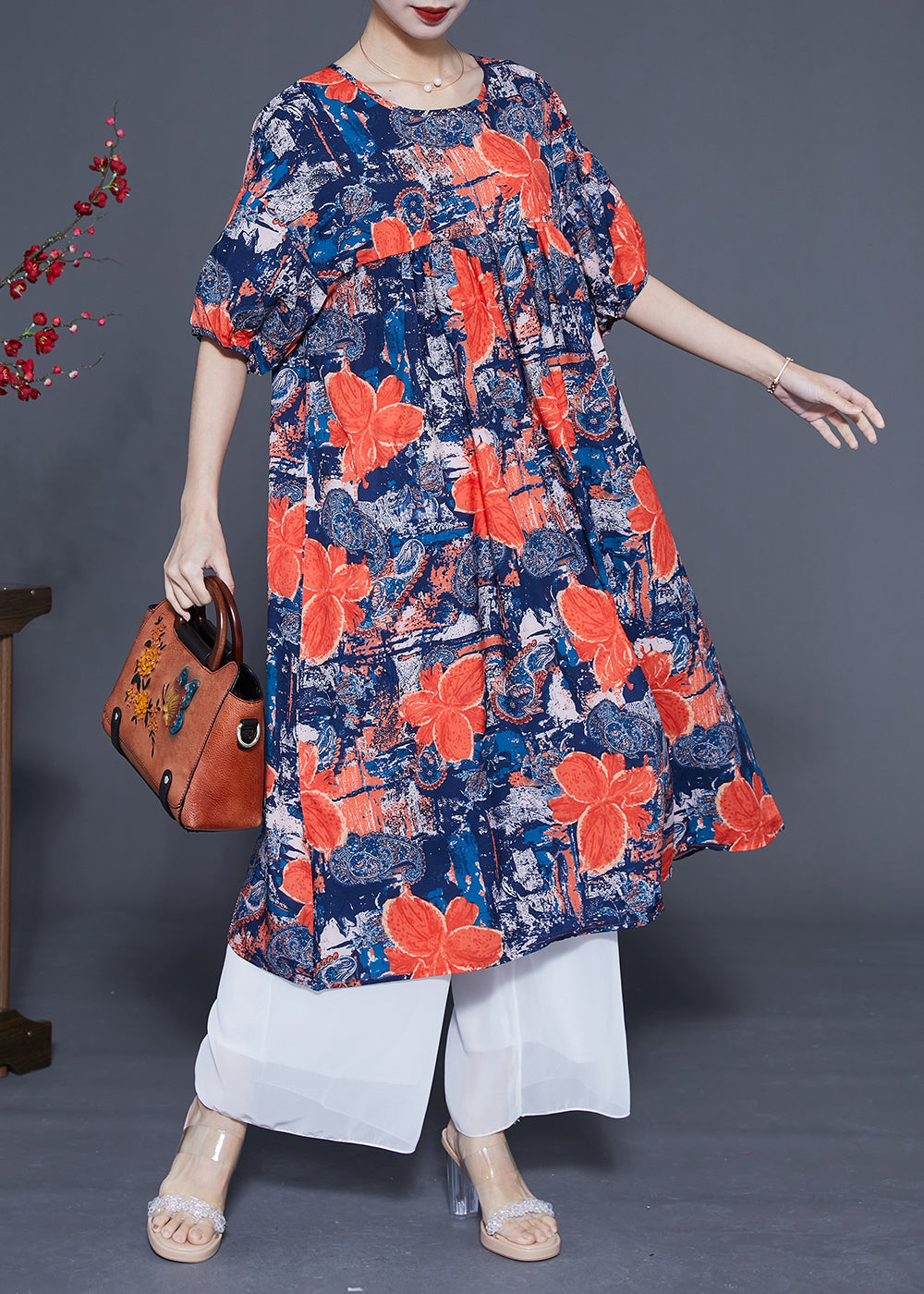 French Navy O-neck Print Silk Maxi Dress Summer