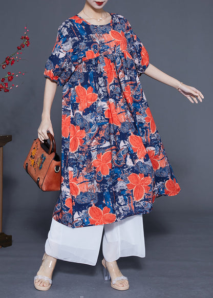 French Navy O-neck Print Silk Maxi Dress Summer