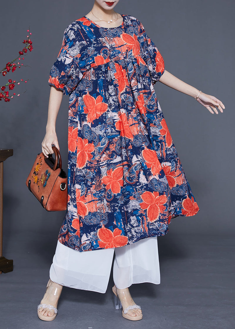 French Navy O-neck Print Silk Maxi Dress Summer