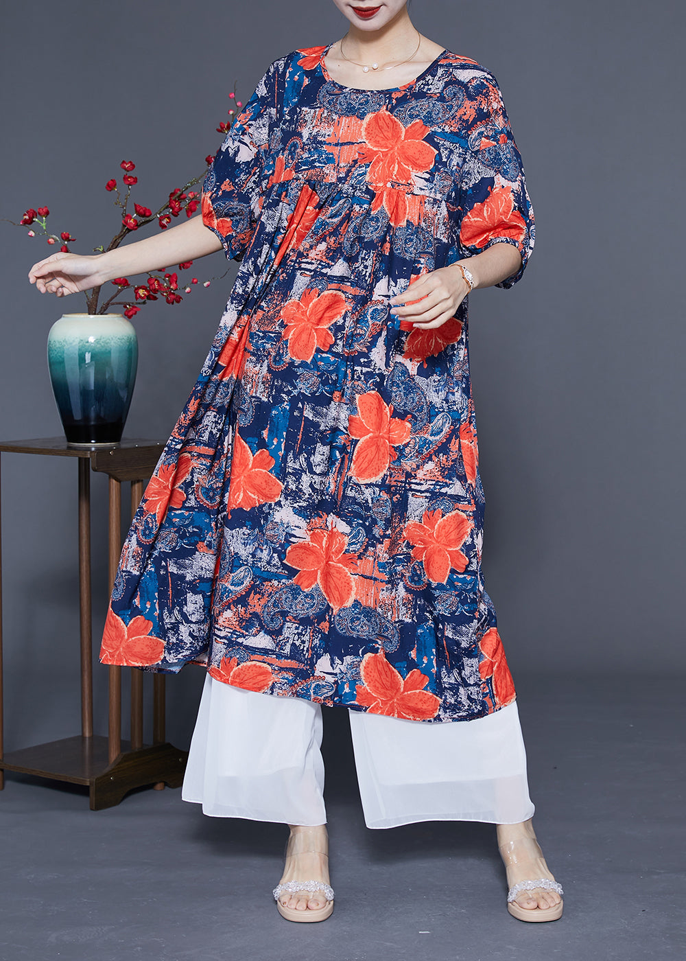 French Navy O-neck Print Silk Maxi Dress Summer