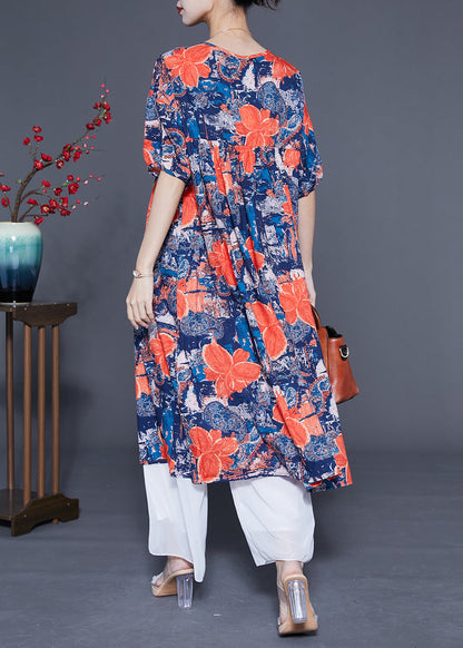 French Navy O-neck Print Silk Maxi Dress Summer