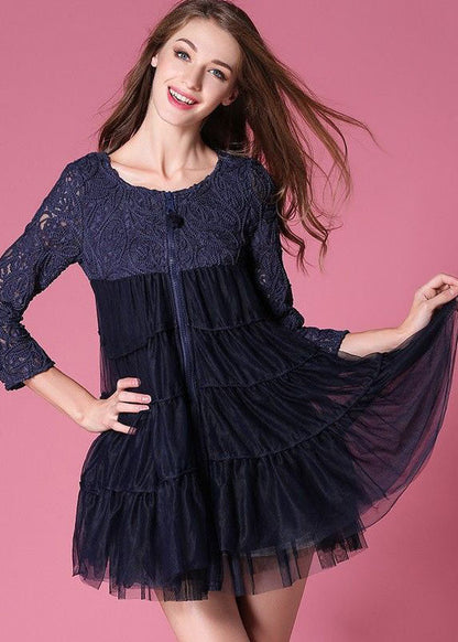French Navy O-neck Lace Patchwork Hollow Out Tulle Coat Bracelet Sleeve