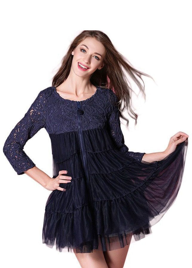 French Navy O-neck Lace Patchwork Hollow Out Tulle Coat Bracelet Sleeve