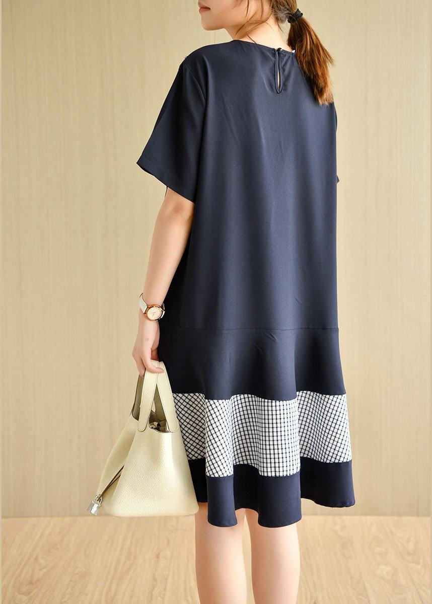 French Navy O-neck Patchwork Plaid Summer Vacation Dresses Short Sleeve
