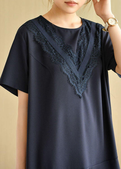 French Navy O-neck Patchwork Plaid Summer Vacation Dresses Short Sleeve