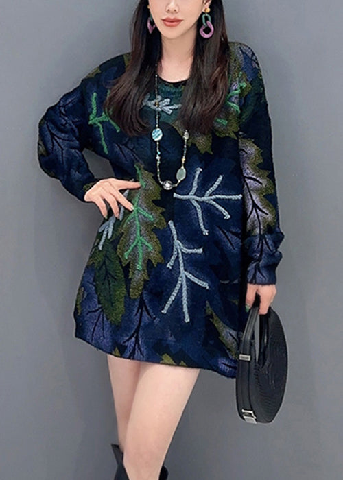 French Navy O-neck Print Knit Sweaters Long Sleeve