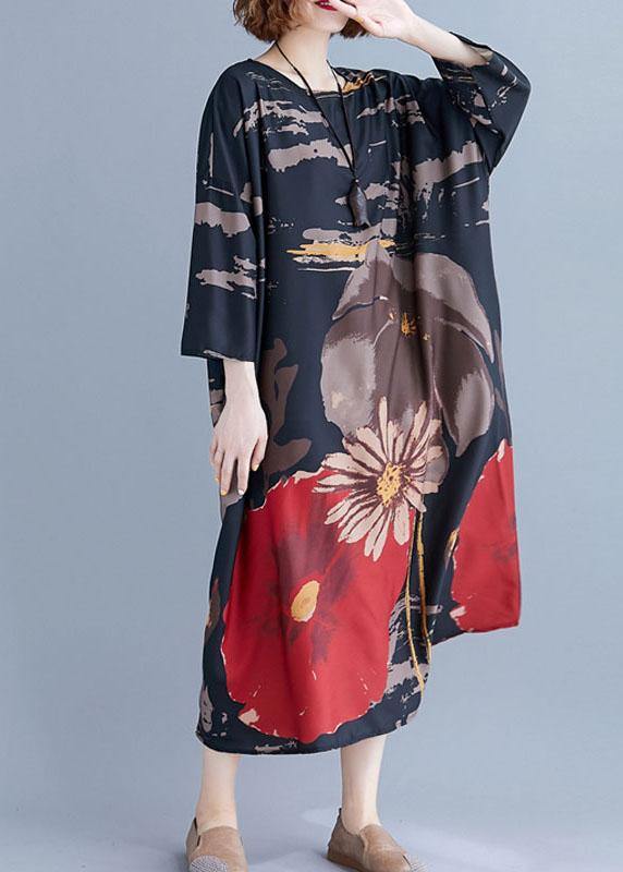 French Navy O-neck Print Summer Loose Dresses Half Sleeve