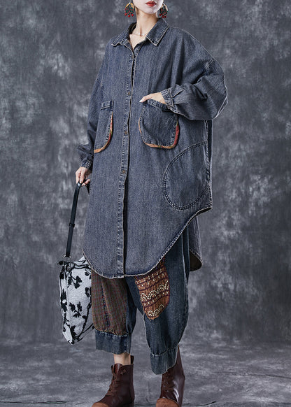 French Navy Oversized Pockets Denim Shirt Top Spring