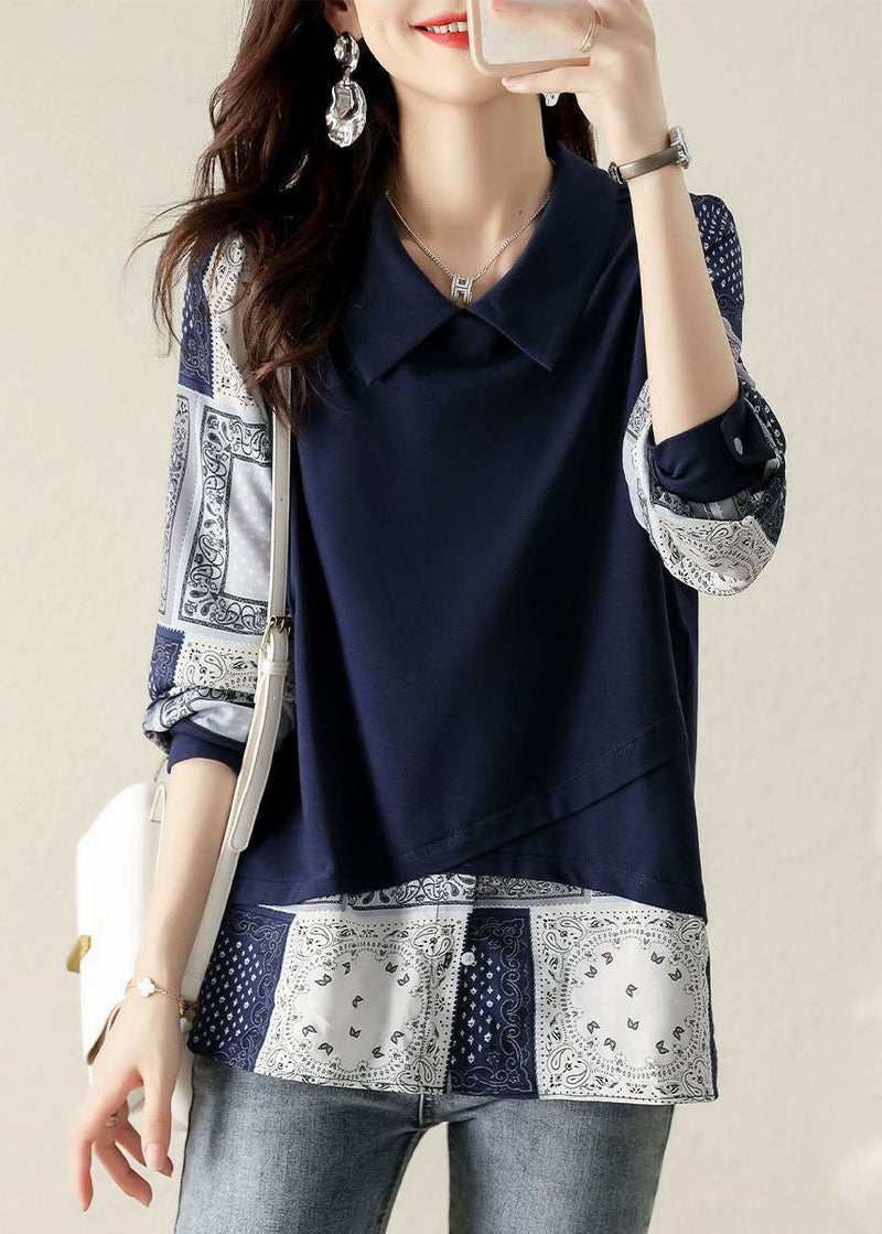 French Navy Peter Pan Collar Patchwork Cotton Fake Two Piece Sweatshirt Spring