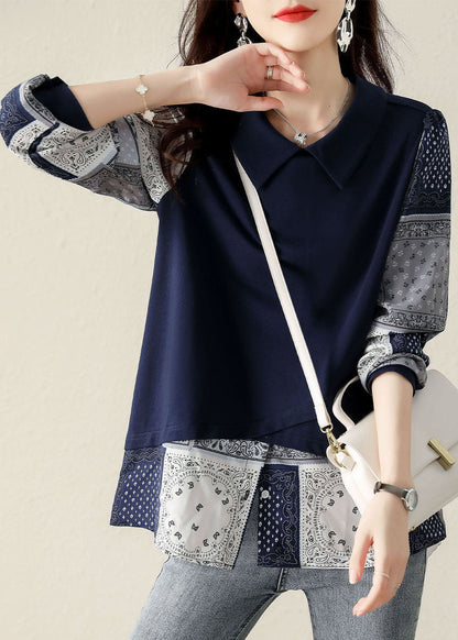 French Navy Peter Pan Collar Patchwork Cotton Fake Two Piece Sweatshirt Spring