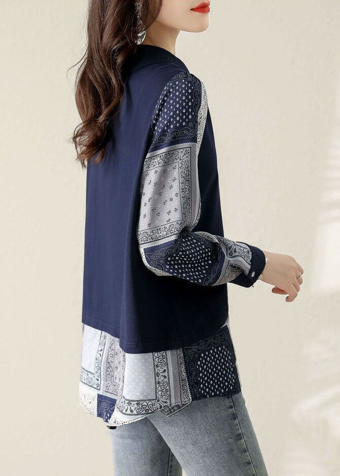 French Navy Peter Pan Collar Patchwork Cotton Fake Two Piece Sweatshirt Spring
