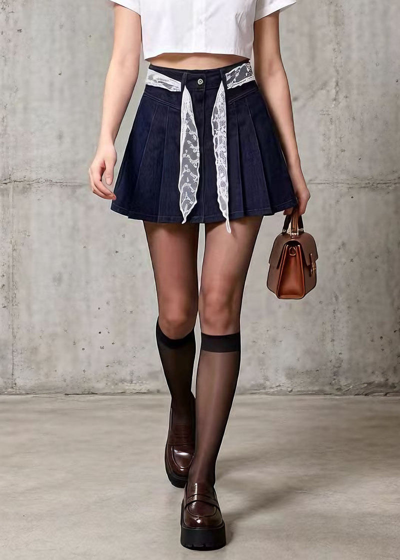 French Navy Pleated Denim Short Skirt Summer