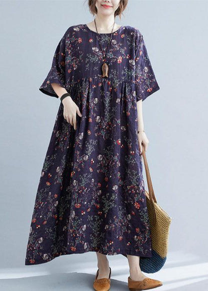 French Navy Print Pockets Loose Summer Half Sleeve Long Dress