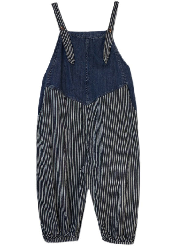 French Navy Striped Pocket Patchwork Denim Overalls Jumpsuit Spring