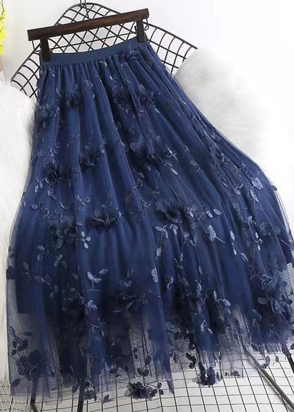 French Navy Wrinkled Embroideried Decorated Tulle Skirts Spring
