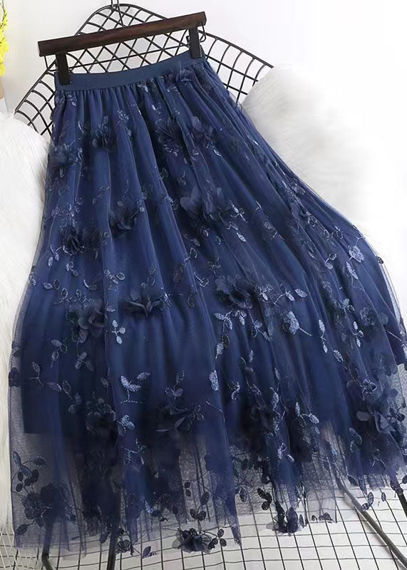 French Navy Wrinkled Embroideried Decorated Tulle Skirts Spring