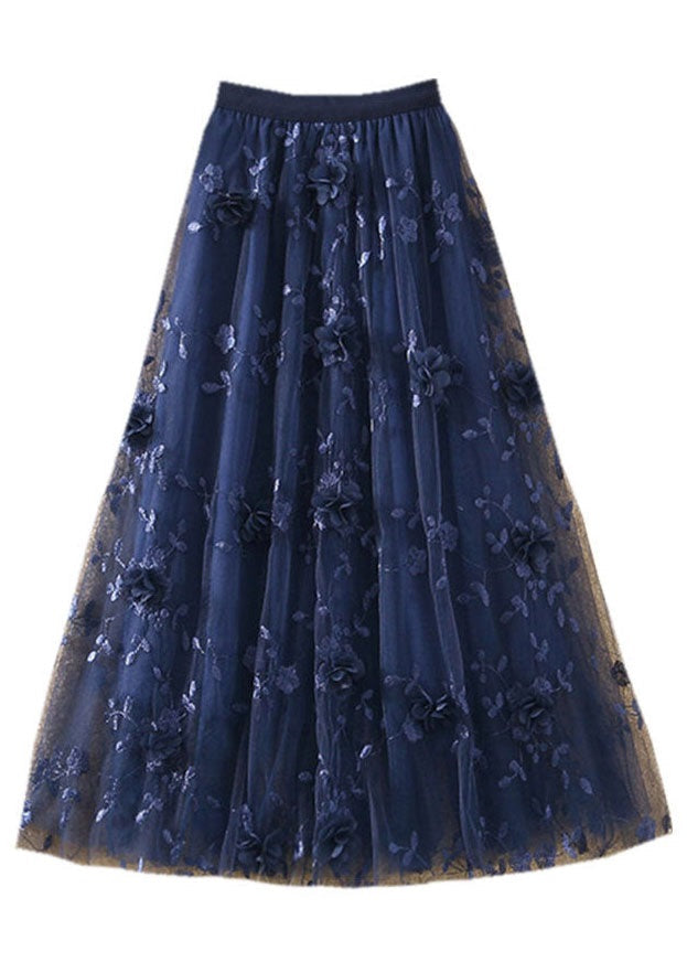 French Navy Wrinkled Embroideried Decorated Tulle Skirts Spring