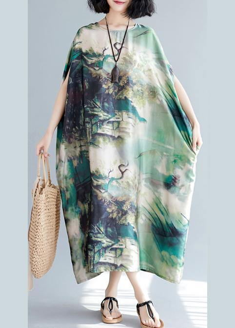 French O Neck Baggy Summer Wardrobes Lnspiration Green Print Robes Dresses