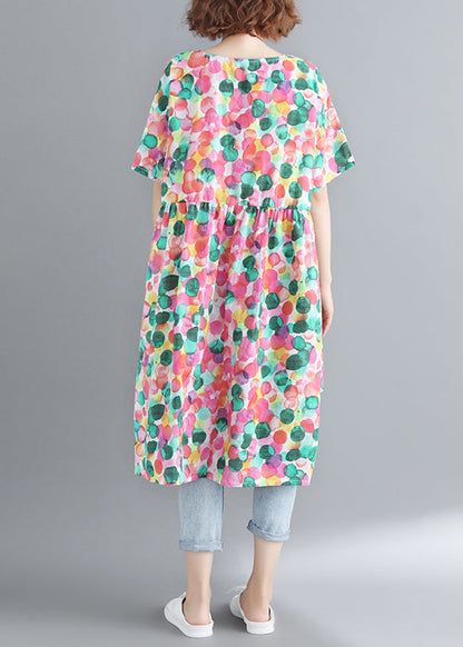French O-neck Cinched Dot Print Low High Design Dress Short Sleeve