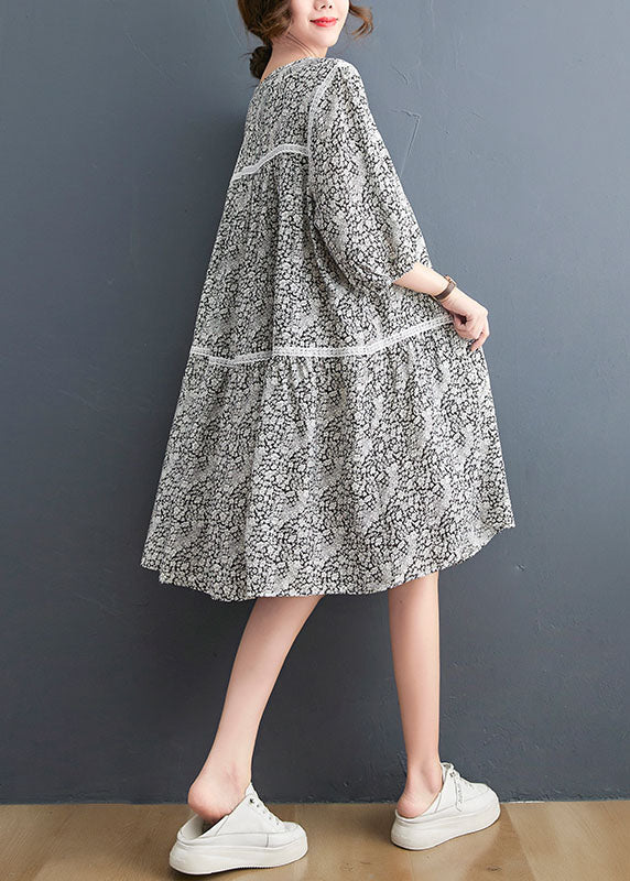 French O-neck Lace Patchwork Print Cotton Mid Dress Three Quarter Sleeve