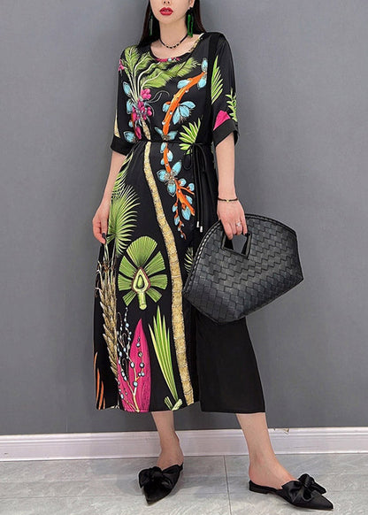 French O-neck Print Patchwork Tie Waist Chiffon Dresses Half Sleeve