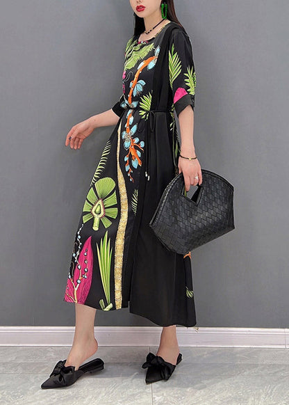 French O-neck Print Patchwork Tie Waist Chiffon Dresses Half Sleeve