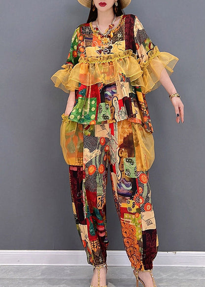 French O-neck Ruffled Tulle Patchwork Chiffon Tops and Pants Two Piece Set Summer