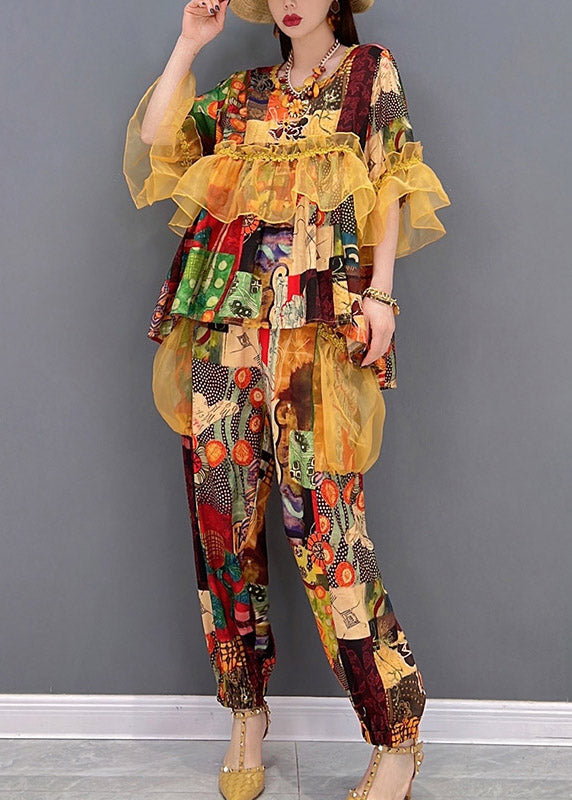 French O-neck Ruffled Tulle Patchwork Chiffon Tops and Pants Two Piece Set Summer
