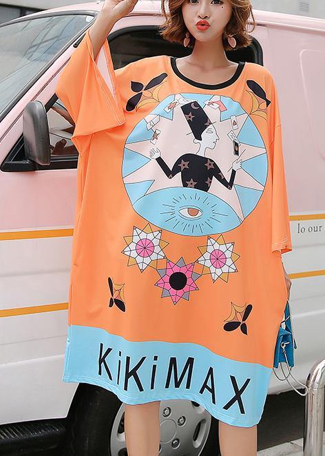 French Orange Graphic Cotton Loose Summer Long Dress