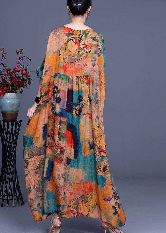 French Orange Print Button Batwing Sleeve Chiffon Summer Maxi Dresses