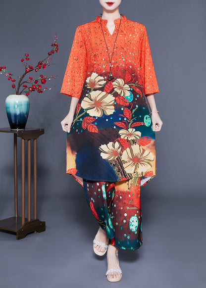 French Orange Stand Collar Oversized Print Silk Two-piece Set Bracelet Sleeve