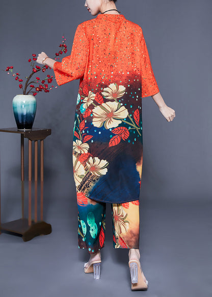 French Orange Stand Collar Oversized Print Silk Two-piece Set Bracelet Sleeve