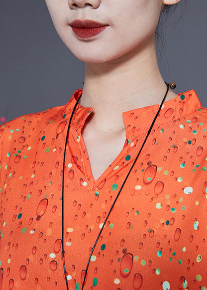 French Orange Stand Collar Oversized Print Silk Two-piece Set Bracelet Sleeve